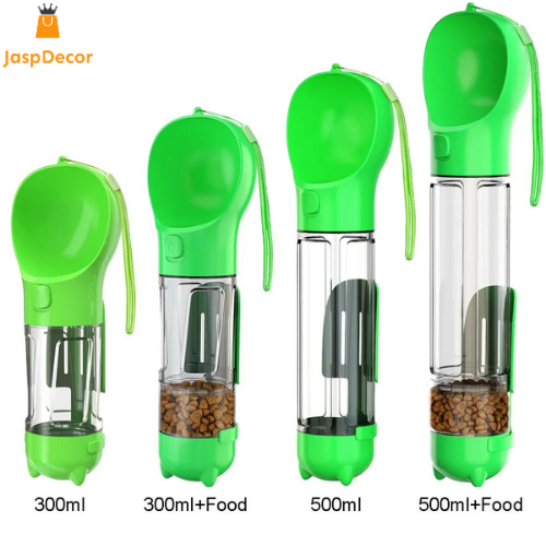 Portable pet water bottle with food feeder and poop dispenser